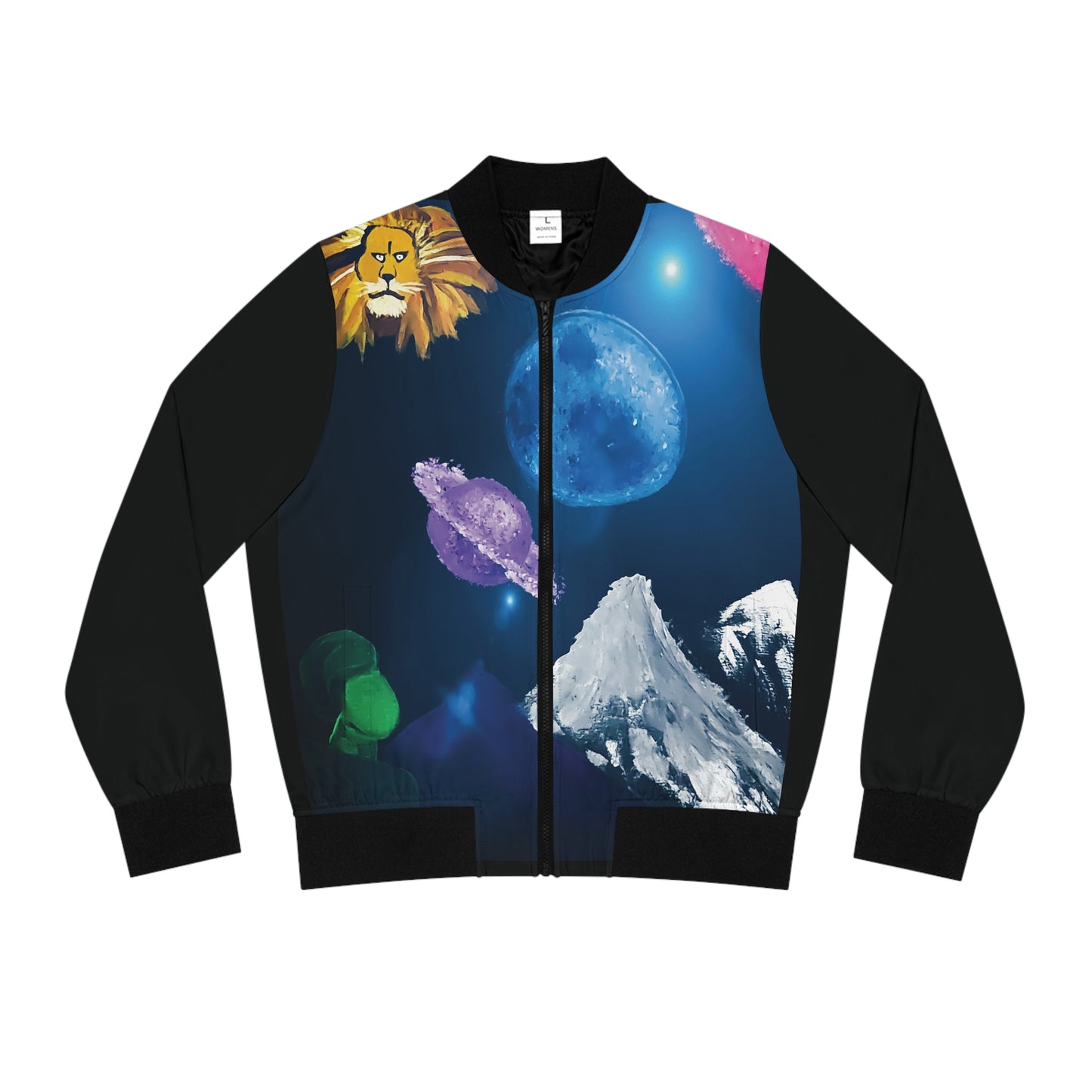 Galaxy Scene Women's Bomber Jacket with Lion Head and Martian Man