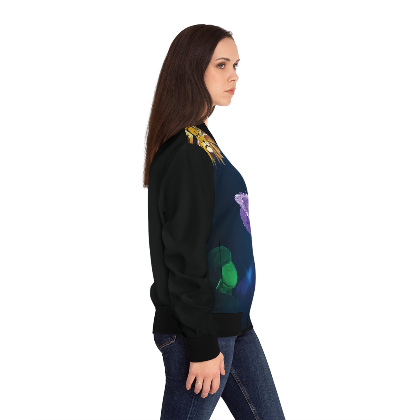 Galaxy Scene Women's Bomber Jacket with Lion Head and Martian Man