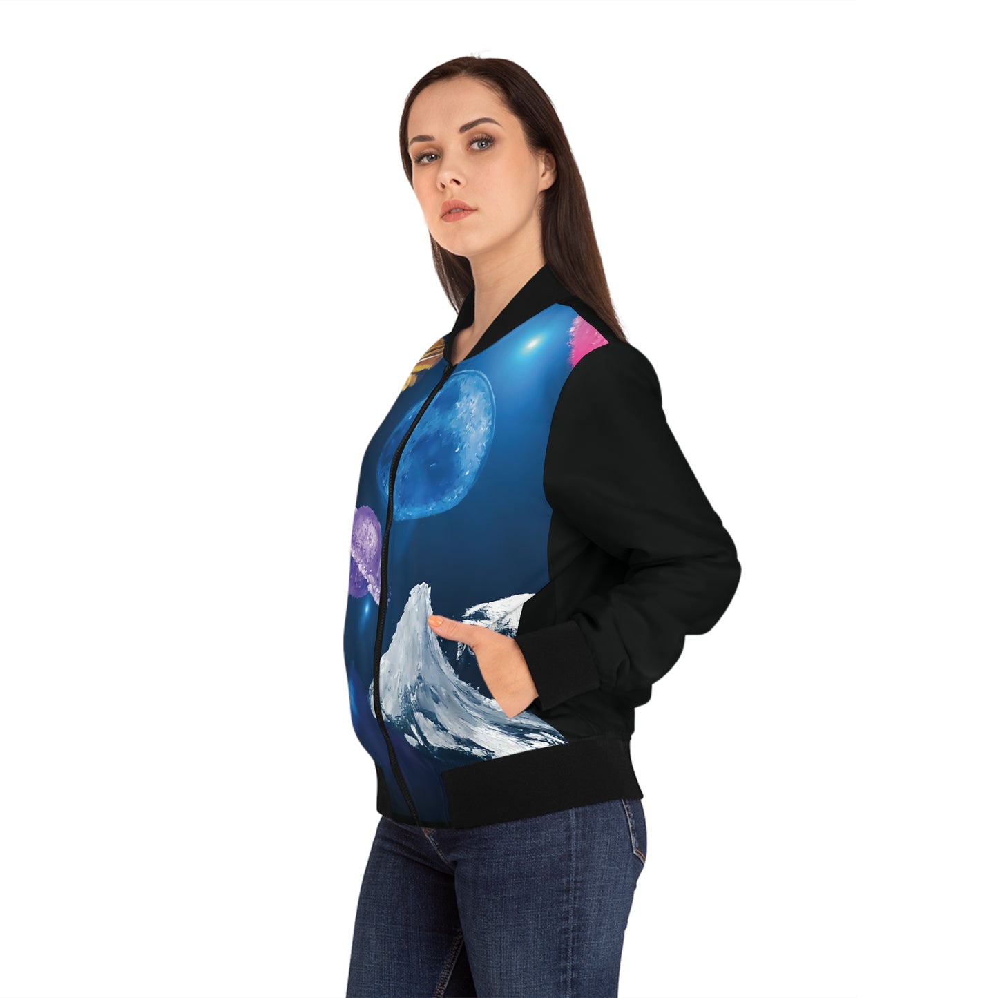 Galaxy Scene Women's Bomber Jacket with Lion Head and Martian Man