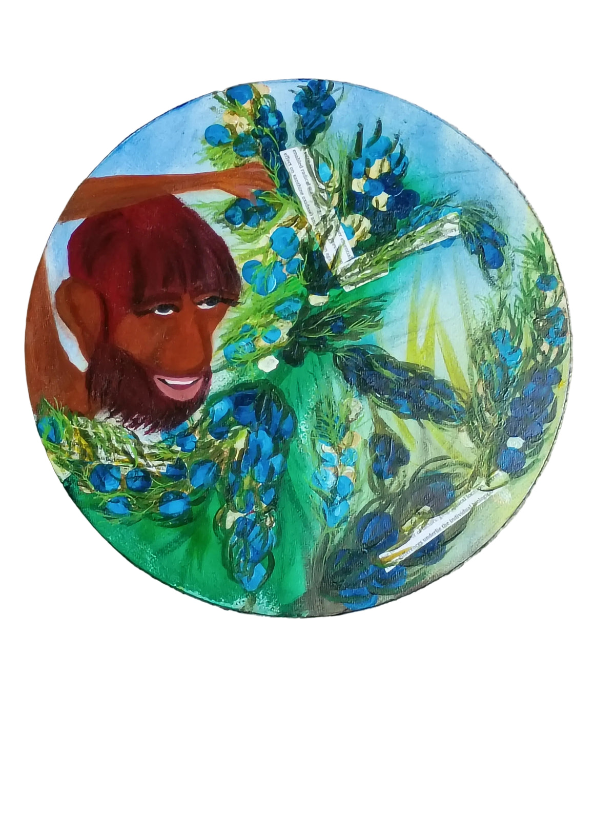 Round painting featuring an expressive portrait surrounded by blue juniper berries and lush green foliage.