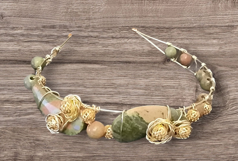 Boho Unakite Gold Beaded Headband