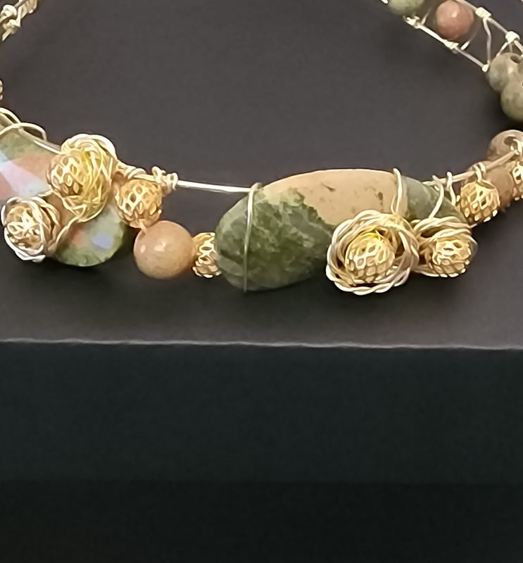 Boho Unakite Gold Beaded Headband