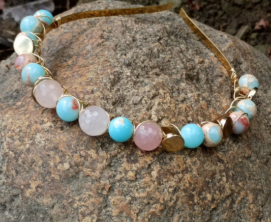 Rose Agate Crown Couture Beaded Headband | Rose Quartz & Terracotta Jasper