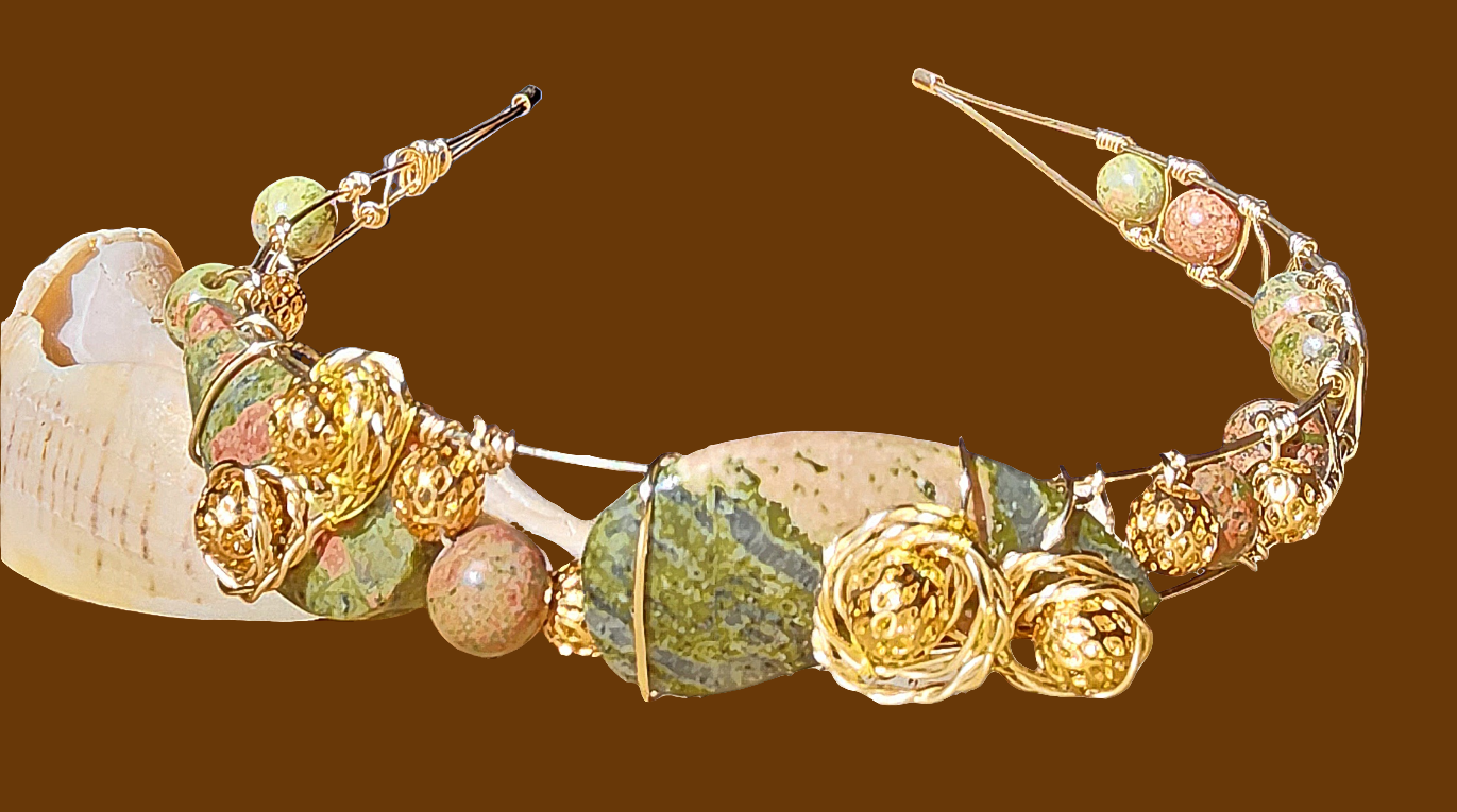 Boho Unakite Gold Beaded Headband