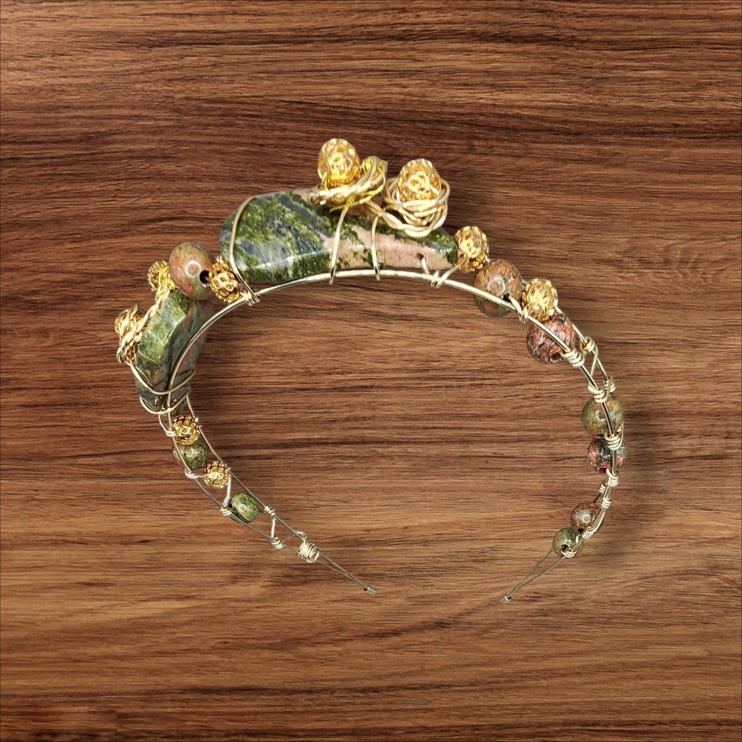 Boho Unakite Gold Beaded Headband